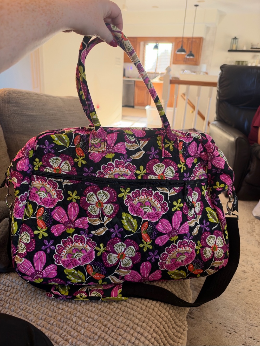 Vera Bradley Black Quilted Travel Bag with Pink Floral Print